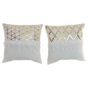 Set 2 cojines cuadrados blanco dorado plumas